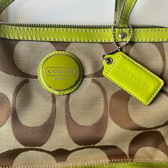 Coach Signature Canvas Lime Green Trim Tote Satchel Shoulder Bag Handbag Purse - Picture 6 of 7